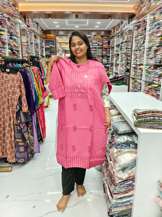 Budget Linen Cotton Kurti Pink - BLK11