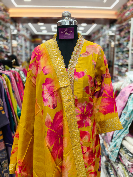 Premium Party Wear Pure Muslin Silk Yellow 3 Pcs Salwar Set