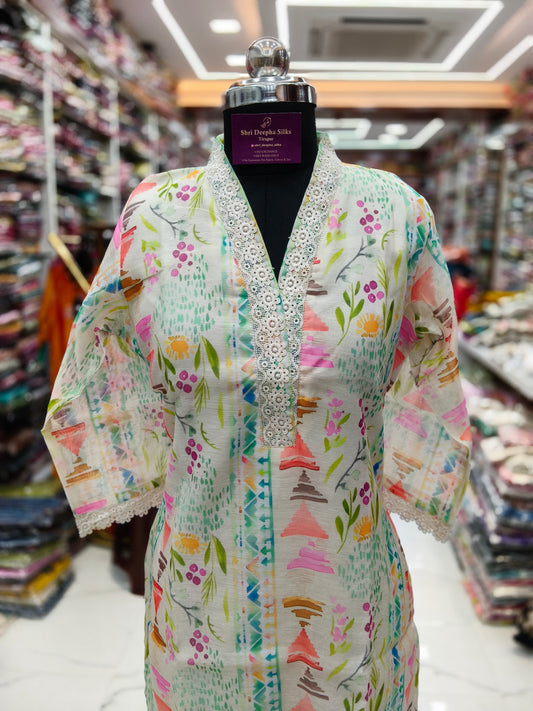 Chanderi Cotton V Neck Candy Kurti - LC01