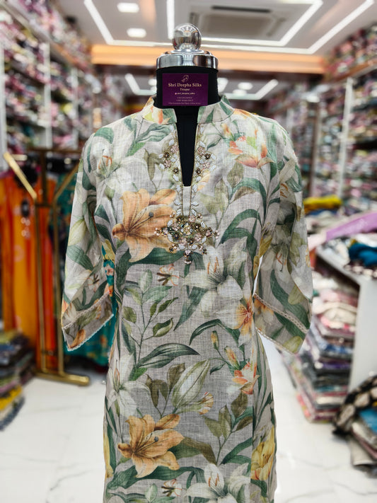 Linen Cotton Collar Neck Embroidery Kurti - LC03