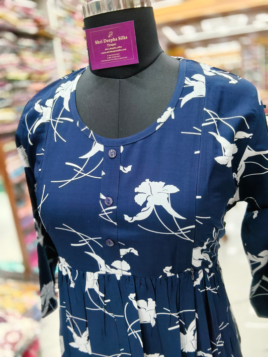 Spun Cotton Navy Blue Leaf Feeding Maxi - FDM29