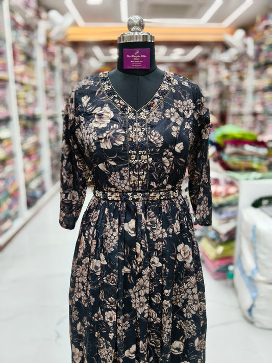 Vintage Floral Crystal Black Sequence Maxi