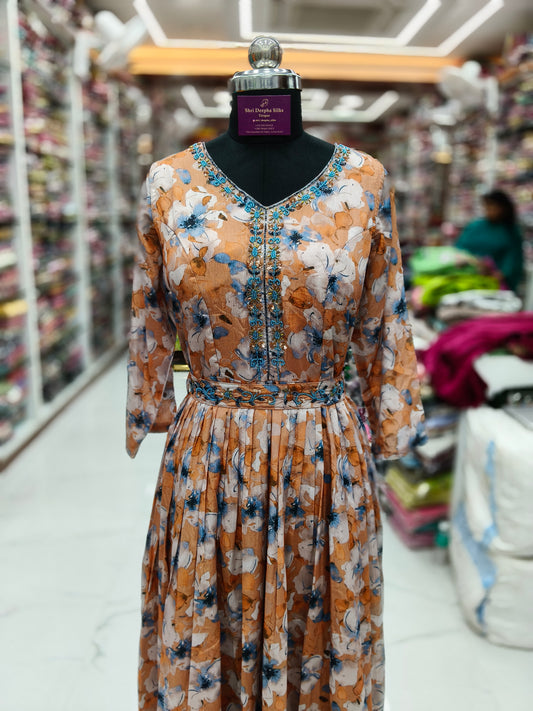 Vintage Floral Rust Orange Sequence Maxi