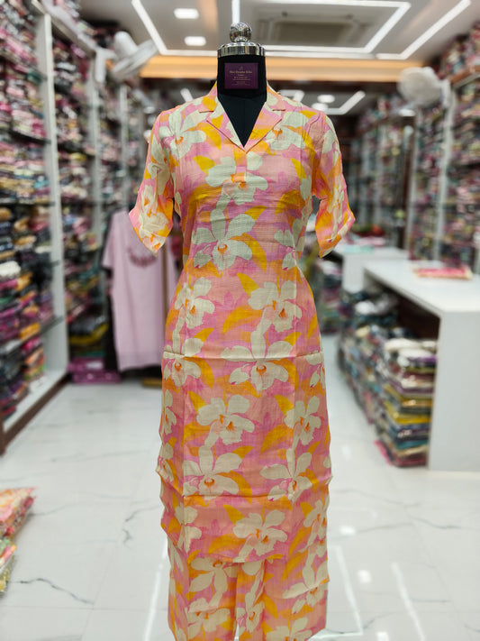 Fluorescent Peach Vatican Silk Collar Neck Co Ord Set - FCOS05