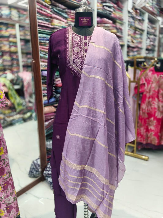 Purple Elegant Embroidery Vatican Silk 3 Pcs Salwar Set - BPSS13