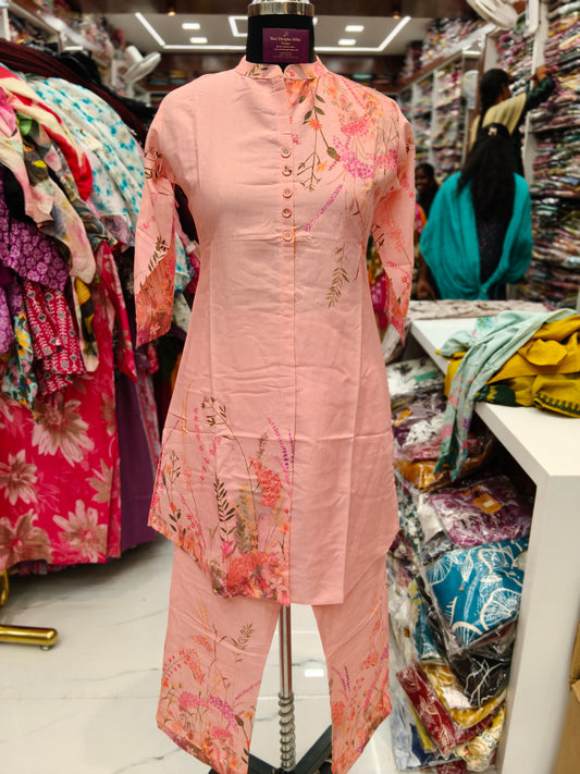 Peach Digital Garden Print Khadi Cotton Co Ord Set - KCCS04