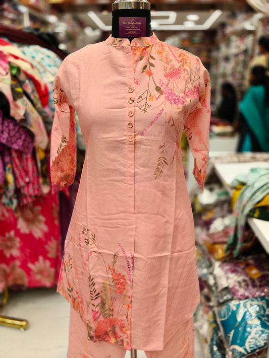 Peach Digital Garden Print Khadi Cotton Co Ord Set - KCCS04