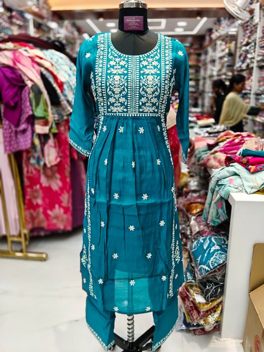 Blue and White Embroidery 3 Pcs Salwar Set - PPSS51
