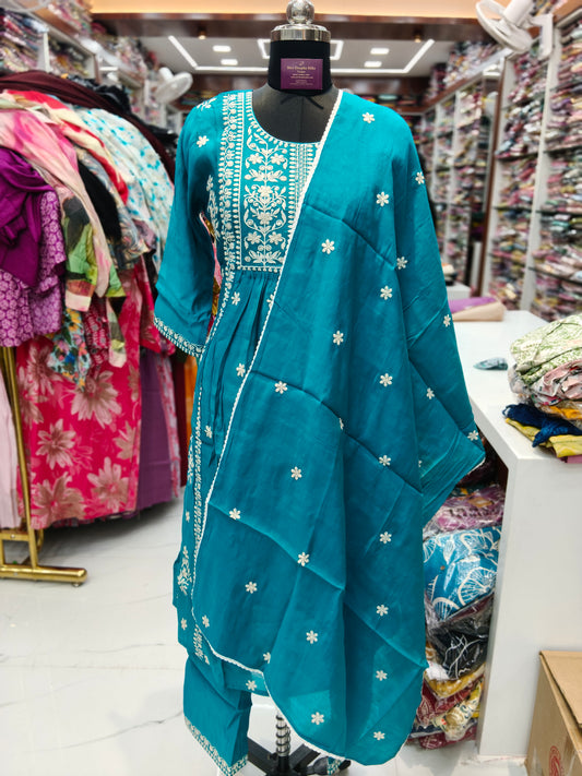 Blue and White Embroidery 3 Pcs Salwar Set - PPSS51