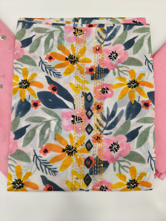 Pure Cotton Pink Floral Unstitched Salwar Material