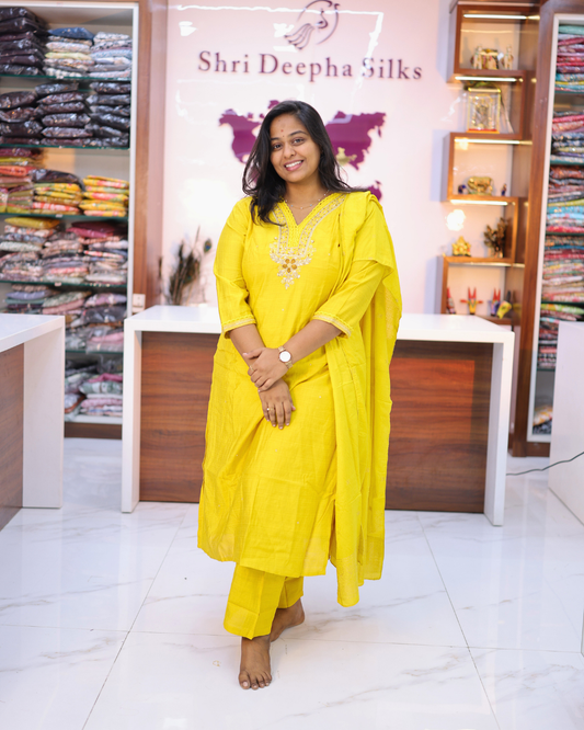 Party Wear Shimmer Silk Yellow Stone Work 3 Pcs Salwar Set - PSSS08