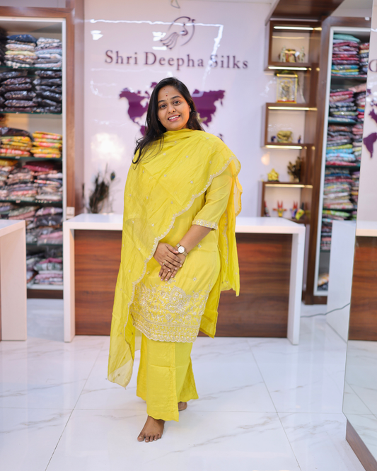 Party Wear Shimmer Silk Yellow Stone Work 3 Pcs Salwar Set - PSSS03