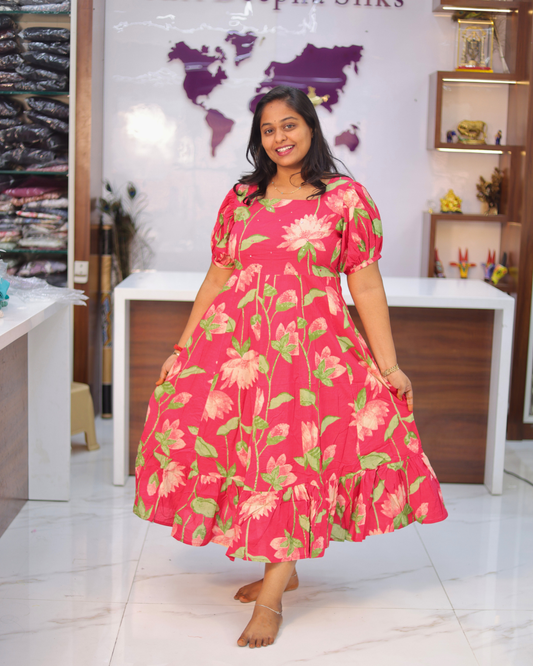 Jaipur Cotton Cherry Red Puff Midi - STMD04