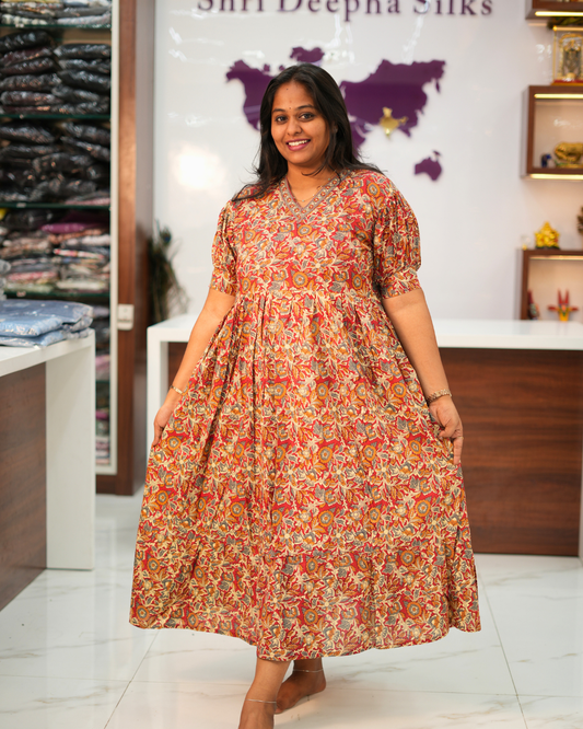 Jaipur Cotton Rust Red Floral Kalamkari Midi - BKMD09