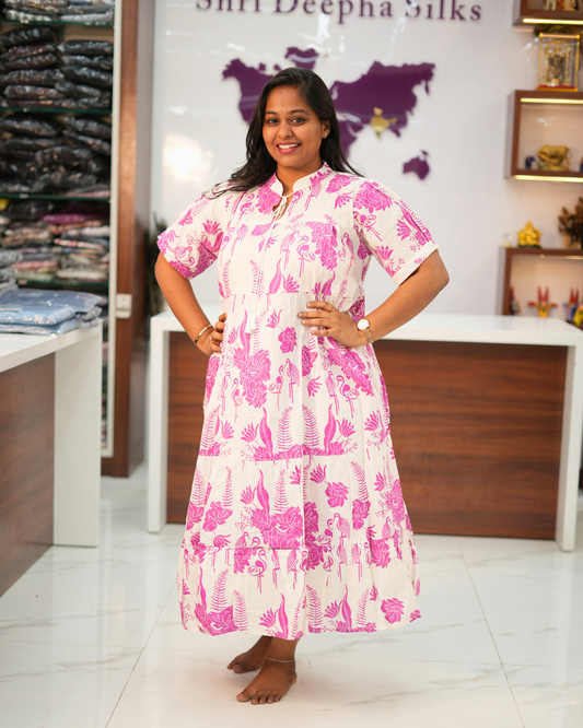Jaipur Cotton White & Pink Floral Printed Tiered Midi - BKMD10