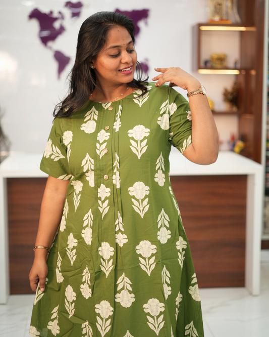 Jaipur Cotton Olive Blossom Layered Midi - BKMD11