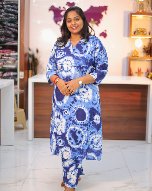 Spun Cotton V Neck Trendy Blue Co Ord Set - RYCS05