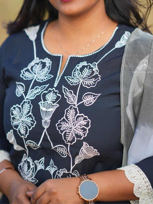 Black Chanderi Cotton Embroidered Salwar Set with organza Dupatta