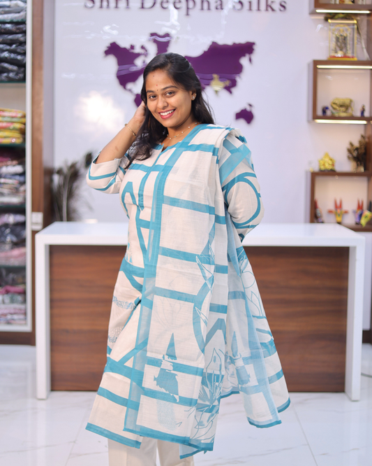 Minimal Cream Linen ice blue 3 Pcs Salwar Set - PPSS49