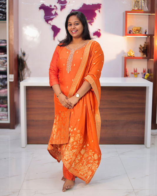 Premium Ethnic & Party Wear Hand Embroidery Banarasi Silk Orange Salwar Set - MTSS06