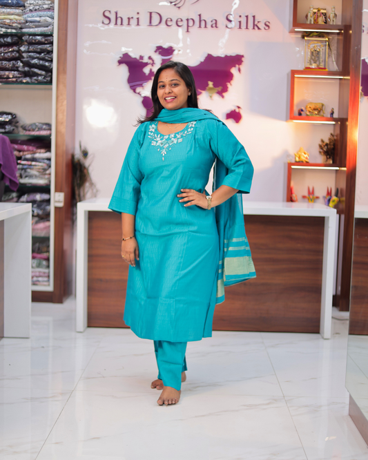 Premium Ethnic & Party Wear Hand Embroidery Tussar Silk Blue Salwar Set - MTSS07