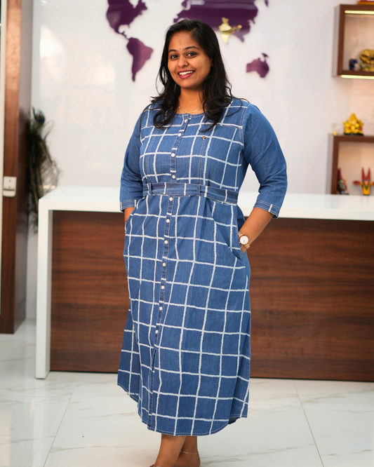 Light Blue Checks Denim Midi - BKMD03