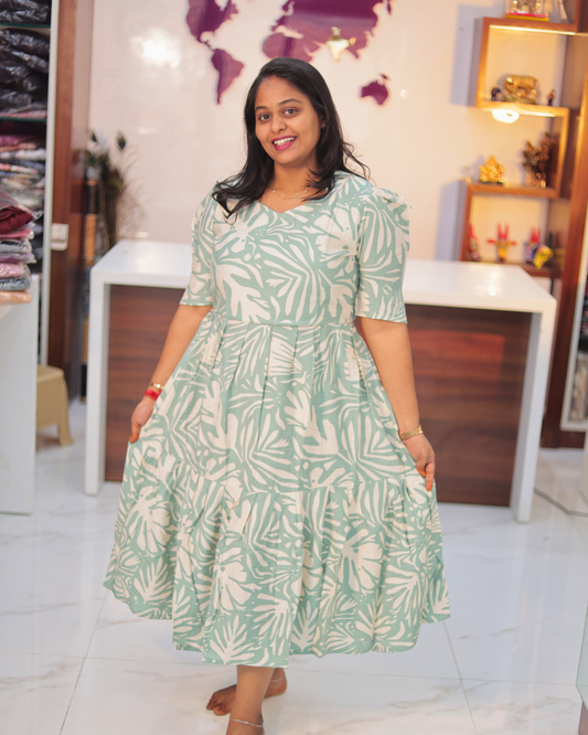 Vatican Silk Pista Green Palm Leaf Puff Midi - ASMD01