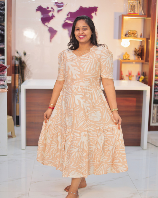 Vatican Silk Peach Sand Palm Leaf Puff Midi - ASMD02
