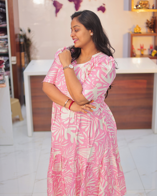 Vatican Silk Baby Pink Palm Leaf Puff Midi - ASMD03
