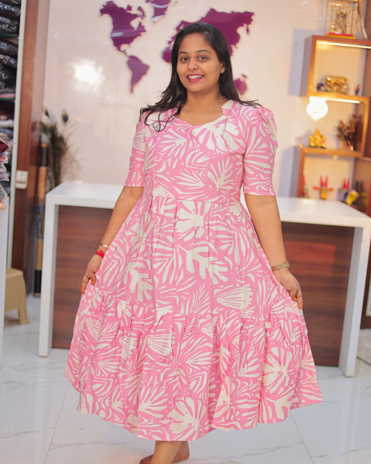 Vatican Silk Baby Pink Palm Leaf Puff Midi - ASMD03