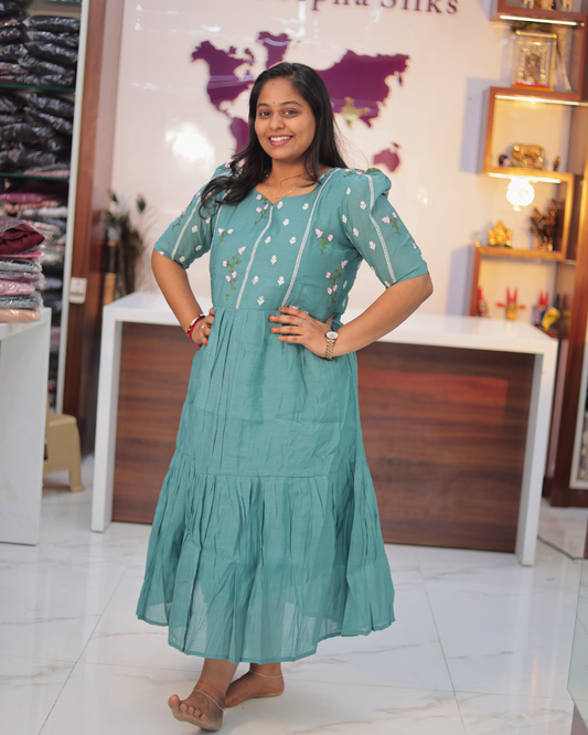 Chanderi Silk Thread Embroidery Puff Midi - ASMD07