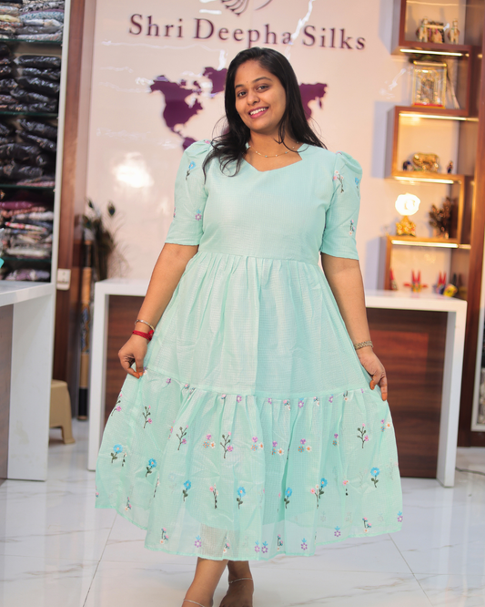 Ice Mint Green Embroidered Kota Cotton Puff Midi - ASMD05