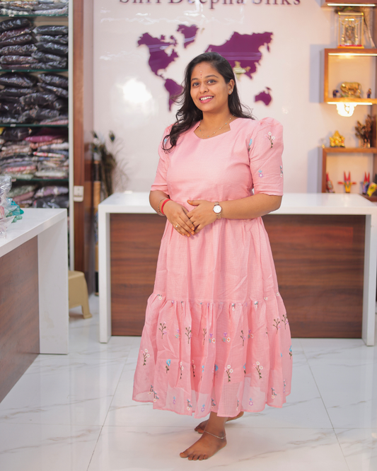 Candy Peach Embroidered Kota Cotton Puff Midi - ASMD04