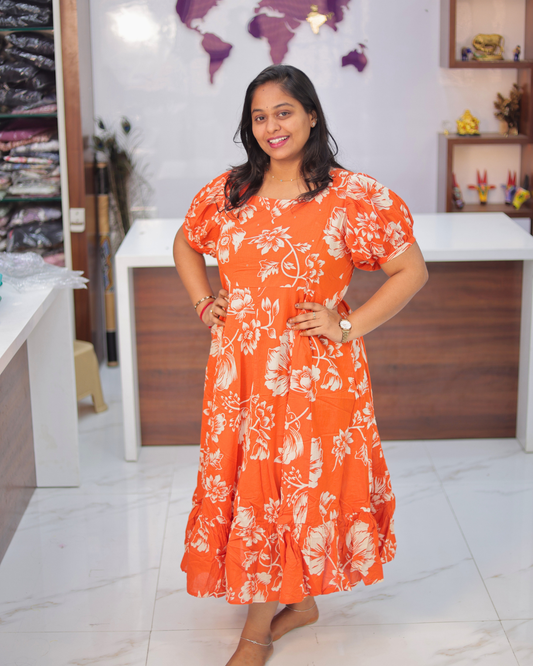 Jaipur Cotton Rust Orange Puff Midi - STMD06