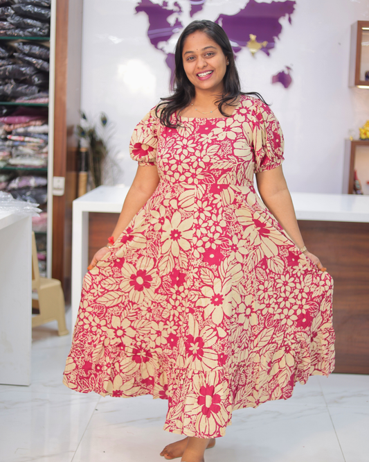 Jaipur Cotton Pink Floral Puff Midi - STMD08