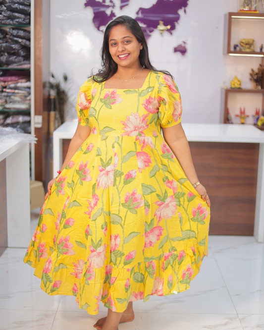 Jaipur Cotton Golden Yellow Puff Midi - STMD05