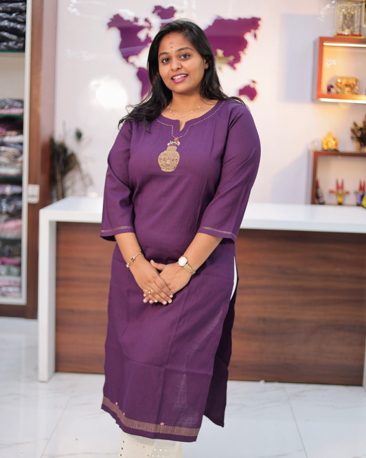 Hand Block Hand Embroidery Soft Cotton with Silky touch Purple Kurti - IBSK01