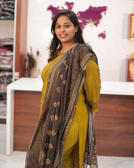 Hand Block Hand Embroidery Soft Cotton with Silky touch Mehendi Salwar Set - IBSS12