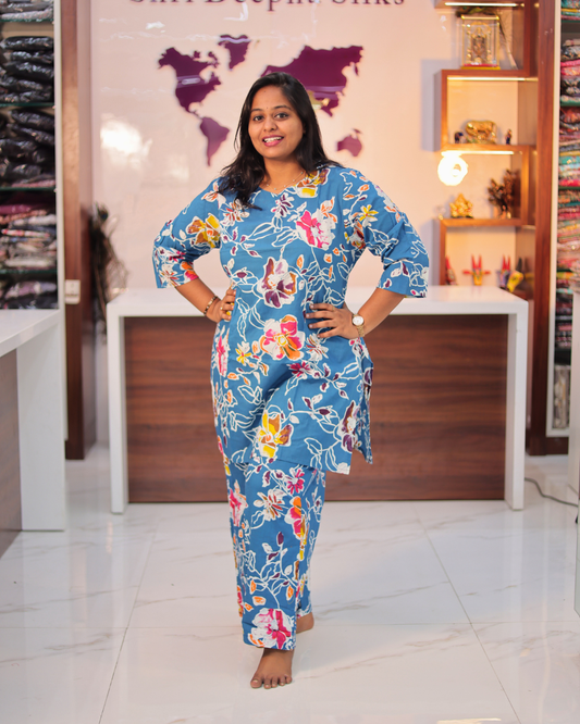 Pure Cotton Blue Floral Short Co Ord Set - EICS02