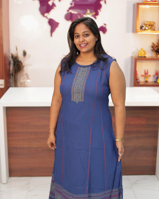 Hand Block Hand Embroidery Soft Cotton with Silky touch Blue Co Ord Set - IBCS01