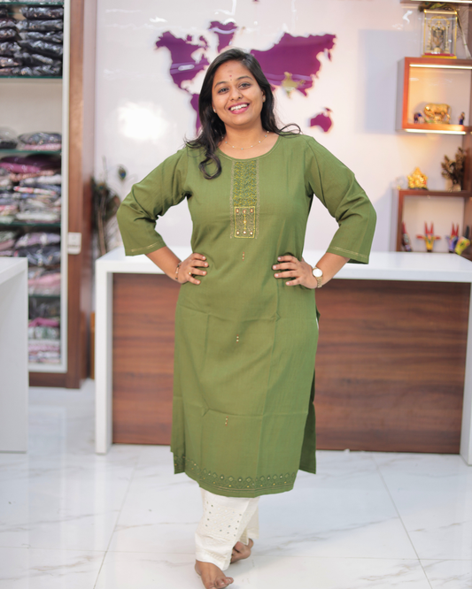 Hand Block Hand Embroidery Soft Cotton with Silky touch Green Kurti - IBSK02
