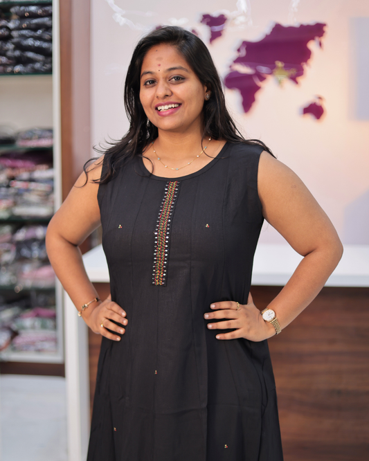 Hand Block Hand Embroidery Soft Cotton With Silky touch Black Aline Kurti - IBAK06