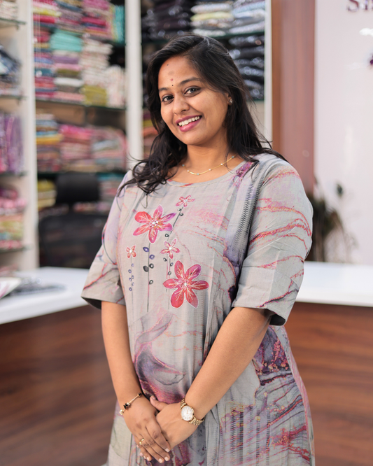 Hand Block Hand Embroidery Soft Cotton with Silky touch Grey Aline Kurti - IBAK03