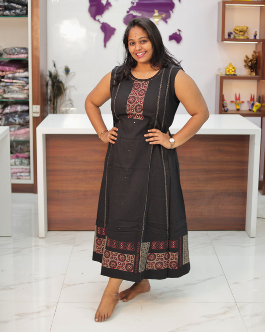 Hand Block Hand Embroidery Soft Cotton with Silky touch Black Aline Kurti - IBAK01