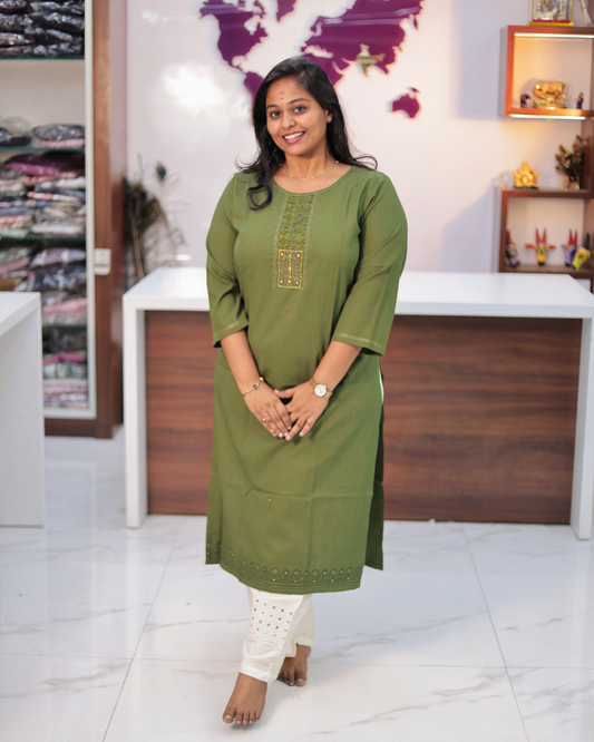 Hand Block Hand Embroidery Soft Cotton with Silky touch Green Kurti - IBSK02