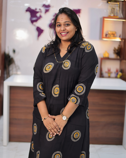 Hand Block Hand Embroidery Pure Cotton V Neck Black Aline Kurti - IBAK05