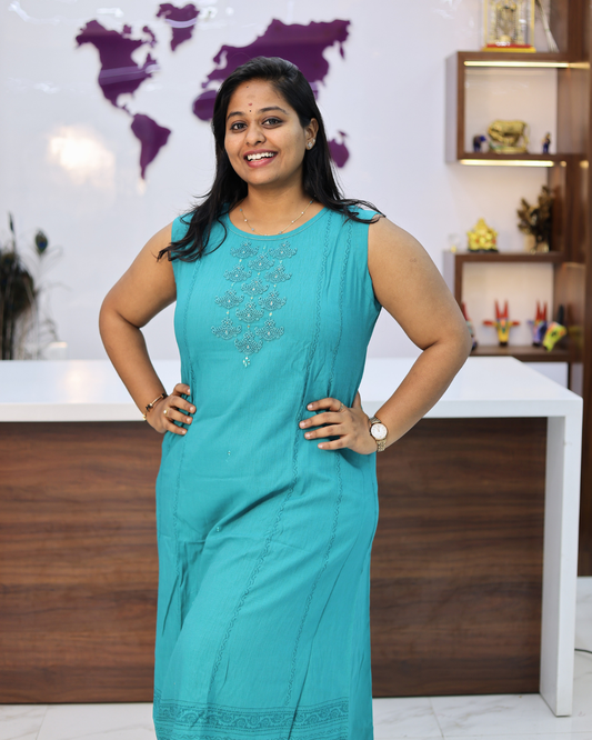 Hand Block Hand Embroidery Soft Cotton with Silky touch Rama Blue Co Ord Set - IBCS02