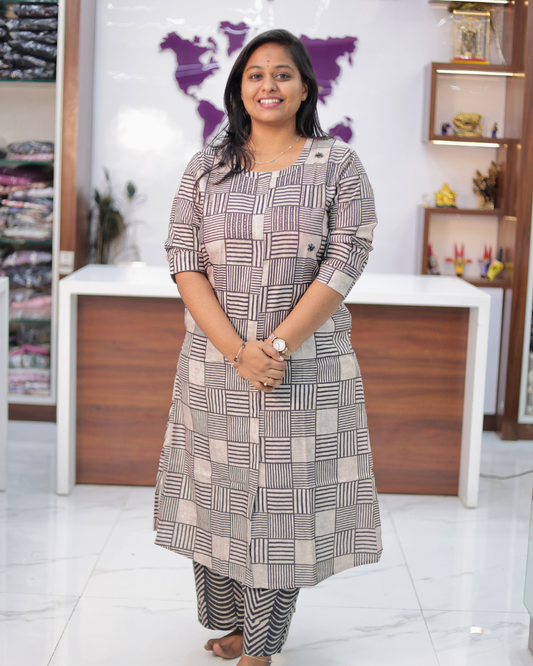 Hand Block Hand Embroidery Linen Cotton Grey Aline Kurti - IBAK04