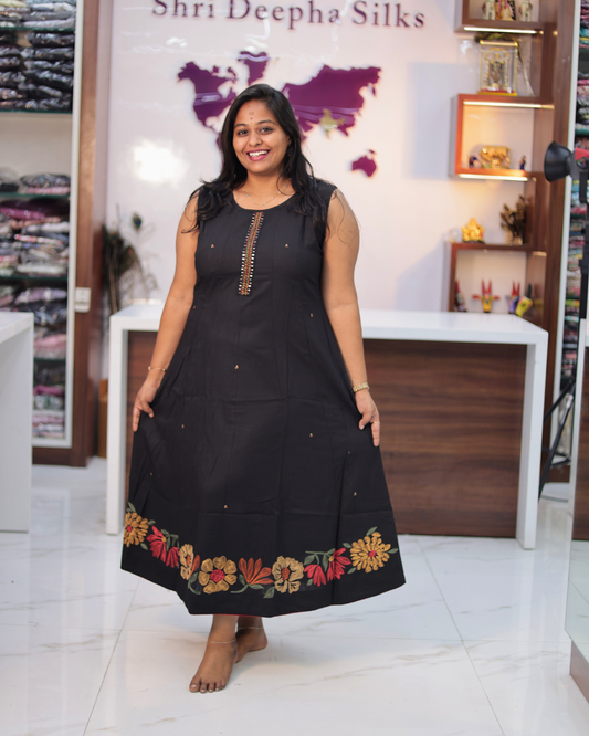 Hand Block Hand Embroidery Soft Cotton With Silky touch Black Aline Kurti - IBAK06