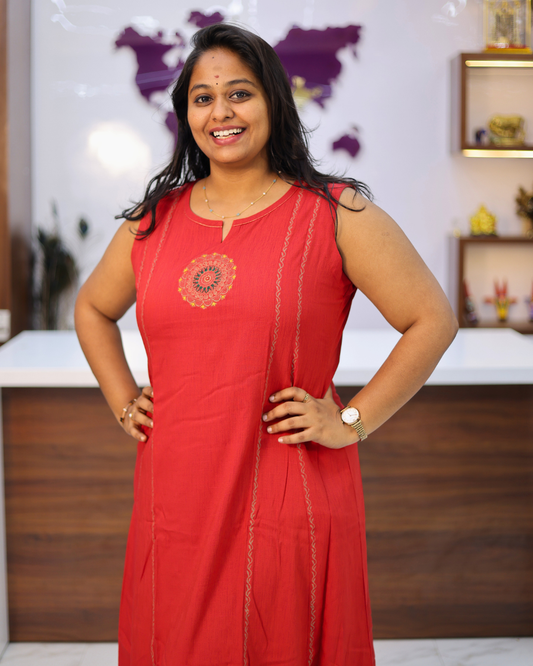 Hand Block Hand Embroidery Soft Cotton with Silky touch Red Co Ord Set - IBCS03